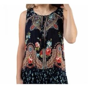 Bila‎ Womens Top Sleeveless Floral Gauzy Tie Neck Boho Fairy Grunge Blue Sz XXL